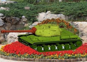 五一绿雕之：坦克仿真绿雕立体花坛
