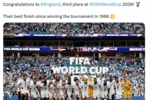 FIFA社媒:祝贺英格兰队获得世界杯季军,创造1966年后最好成绩